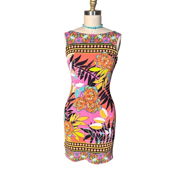 Cache Dresses & Skirts - Tropical Floral Print Cache Sheath Dress Sleeveless Boat Neck 6 Pink Multi